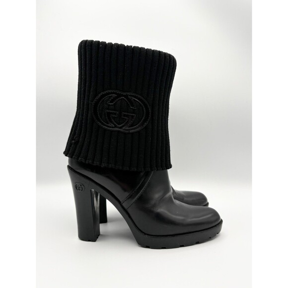 Gucci Shoes - Gucci Black Leather Ankle Boots w/Knit Fold Over Accent & GG Logo Sz EU 36.5